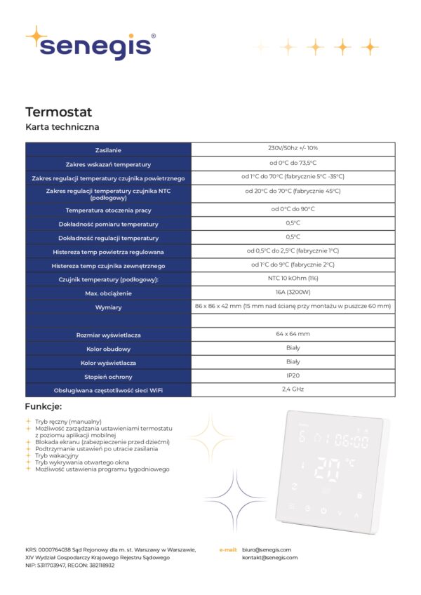 Termostat Senegis SG608 16A WIFI