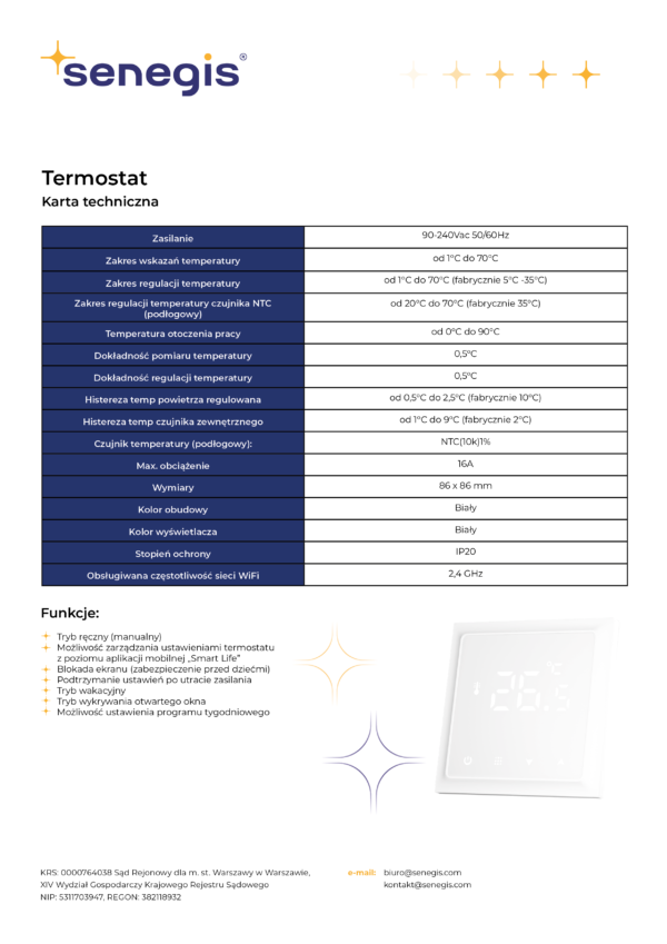 Termostat Senegis SG611 16A WIFI